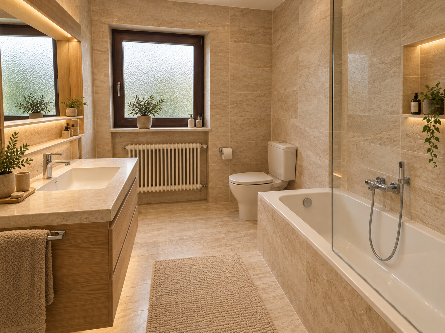 Warmes Spa-Bad mit Naturtönen, Waschtisch links und Badewanne rechts – beispielhafte Nachher-Visualisierung